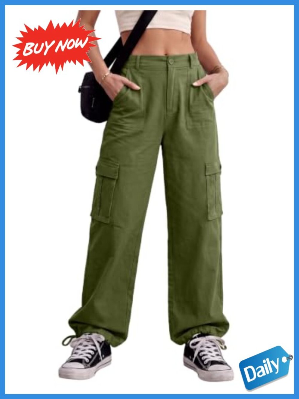 High Waisted Cargo Pants with 6 Pockets, Drawstring Ankle Cuffs, Stretchy Cotton
